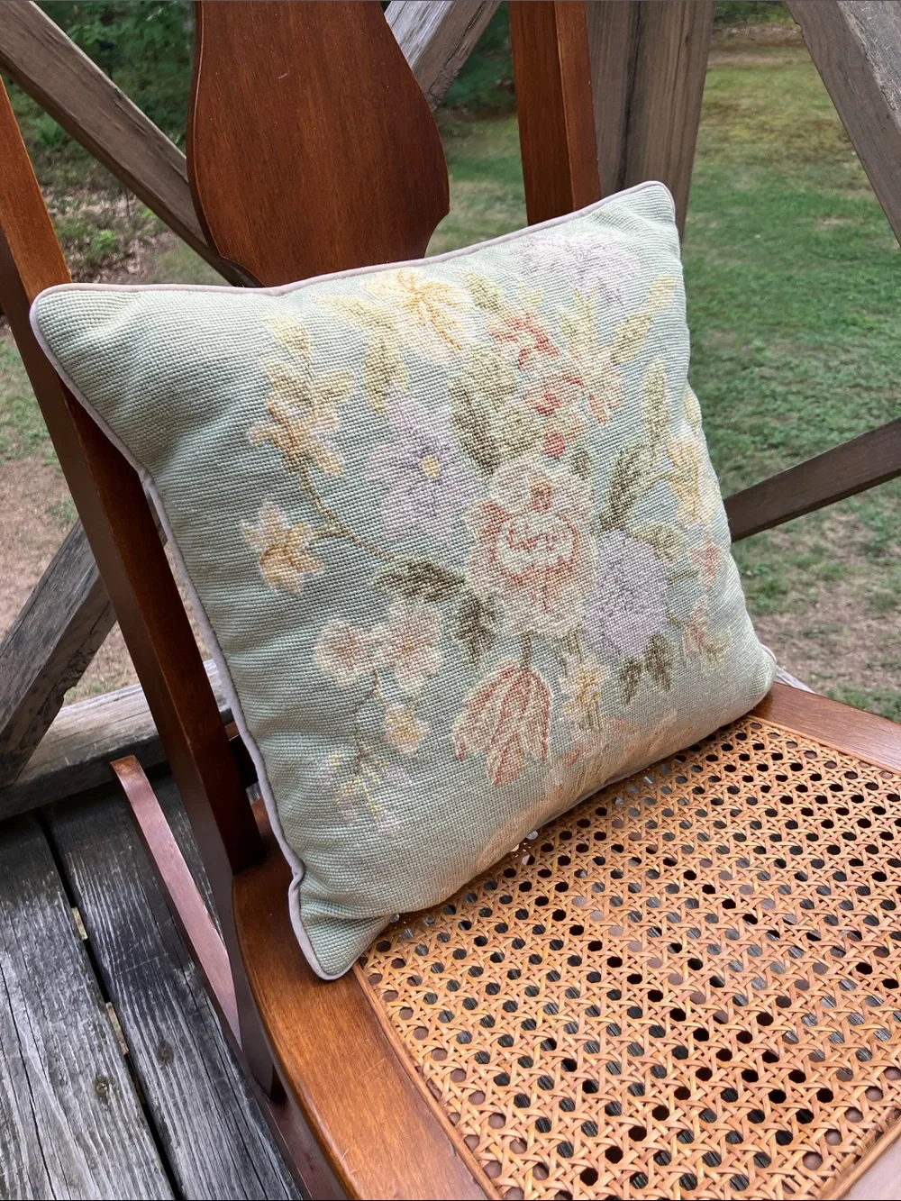 Vintage Floral Needlepoint Decorative Pillow French Country